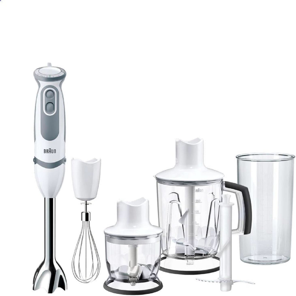 Braun Stabmixer MQ 5200WH - Multiquick 5 Vario Pürierstab Mit Edelstahl Mixfuß, 1000 Watt, Inkl. 600 ml Mix- & Messbecher, Weiß/Grau Kitchen Naty Shop Versión 2019 – Batidora de pie