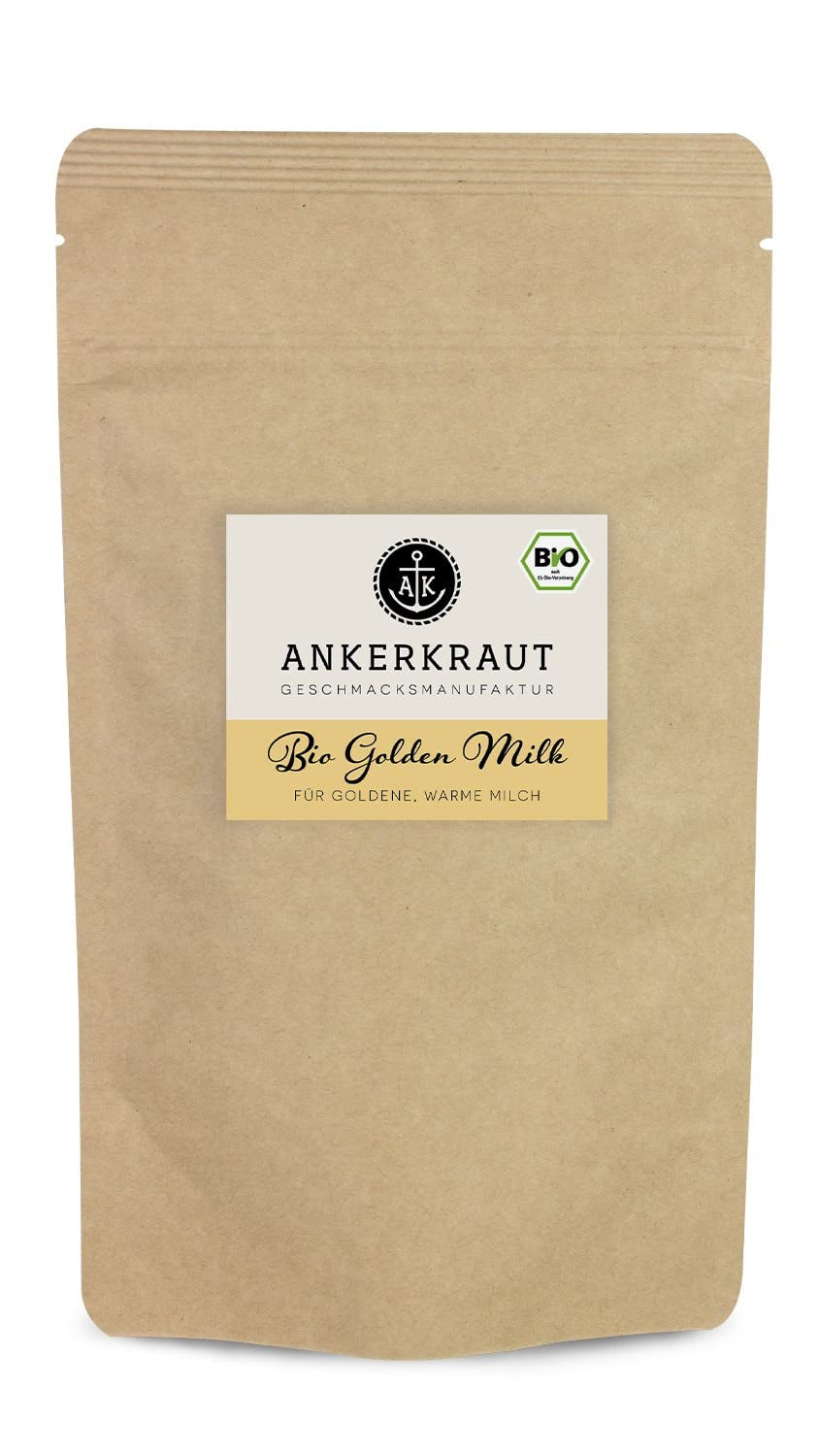 Ankerkraut Bio Golden Milk, Gewürz für goldene Milch, con cúrcuma, Zimt und Ingwer, 75 g en vaso con corcho