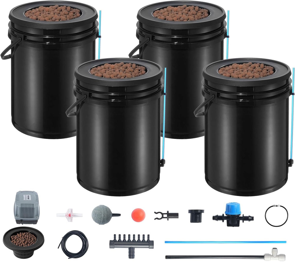 VEVOR DWC Sistema de cultivo hidropónico Kit de maceta de goteo Sistemas de cultivo hidropónicos Cultivo en aguas profundas 4 cubos de 20 litros con bomba de aire Piedras de aire e indicador de nivel de agua para vegetales de hojas verdes