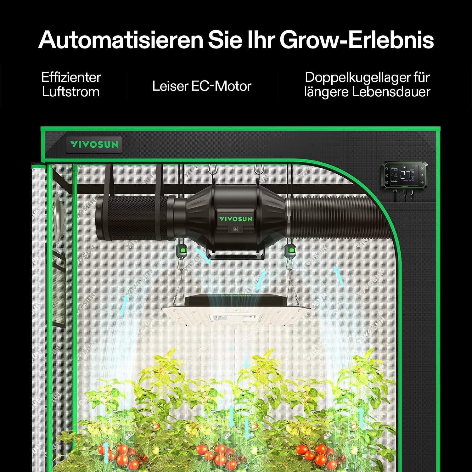 VIVOSUN Sistema de Cultivo Inteligente con Lámpara LED AeroLight A100SE de 100W con Ventilador de Circulación Integrado, Ventilador de Conducto AeroZesh T4 de 100mm 357m³/h y Controlador GrowHub E42A para Armarios de Cultivo y Cultivo Interior