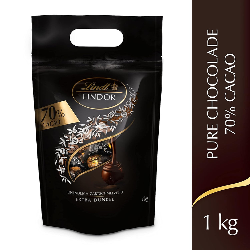 Bolas de chocolate extra oscuro Lindt LINDOR y bolas de chocolate con crema de fresa LINDOR | Bolsa resellable de 1 kg | aprox. 80 white chocolate balls with strawberry cream