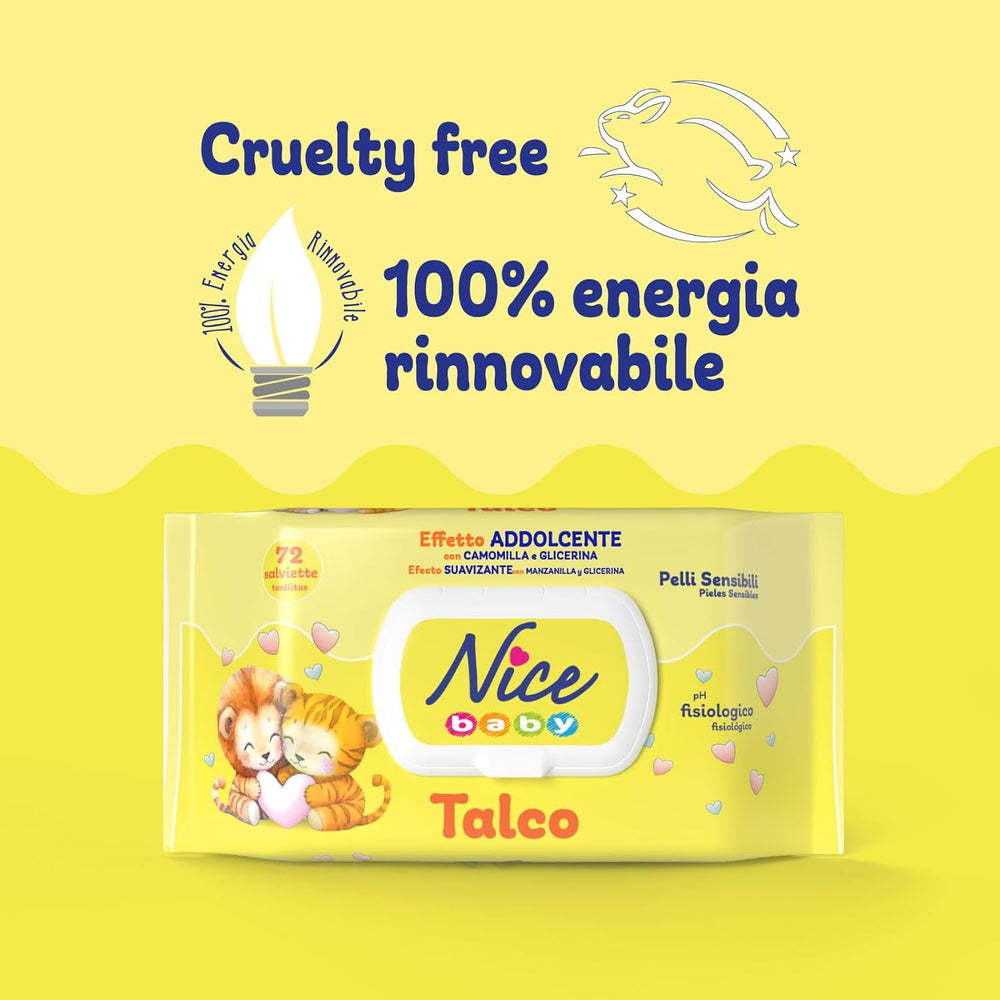 NICE Baby Toallitas húmedas 72 piezas con tapa Talco Aroma Materiales naturales Limpieza suave Bebé 1 pieza