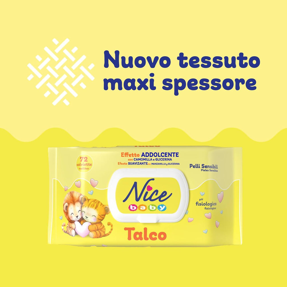 NICE Baby Toallitas húmedas 72 piezas con tapa Talco Aroma Materiales naturales Limpieza suave Bebé 1 pieza