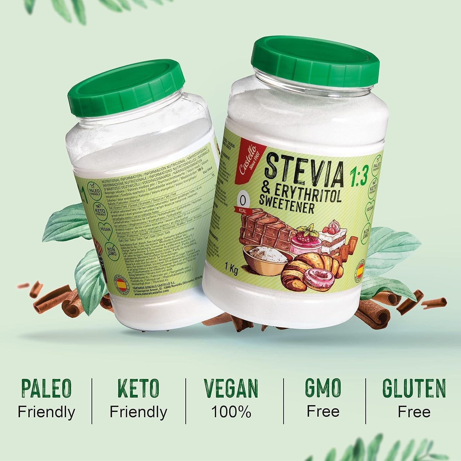 Stevia + Eritritol 1:3 Süßstoff | 1G = 3G Zucker | 100% Natürlicher Zuckerersatz - 0 Kalorien - 0 Glykämischer Index - Keto Und Paleo - 0 Netto-Kohlenhidrato - Kein GVO - Castello since 1907-1 Kg Edulcorantes Naty Shop
