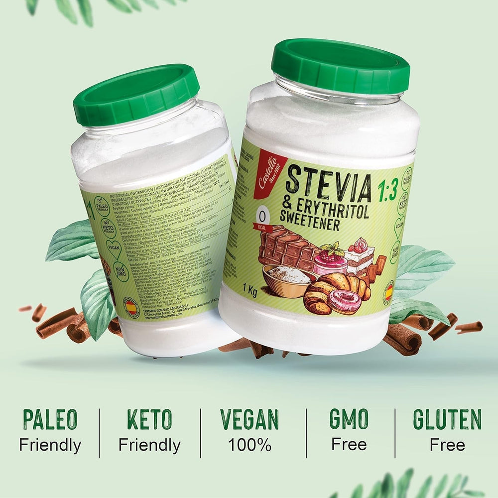 Stevia + Eritritol 1:3 Süßstoff | 1G = 3G Zucker | 100% Natürlicher Zuckerersatz - 0 Kalorien - 0 Glykämischer Index - Keto Und Paleo - 0 Netto-Kohlenhidrato - Kein GVO - Castello since 1907-1 Kg Edulcorantes Naty Shop