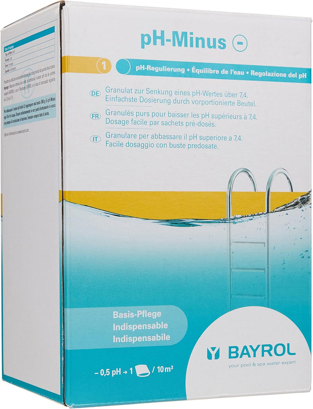 BAYROL e-pH-Minus granulado 6 kg - reduce rápida y eficazmente los niveles excesivamente altos de pH en piscinas - fácil dosificación directamente en el agua - incluye vaso dosificador - reductor de pH - ajuste de pH para piscinas