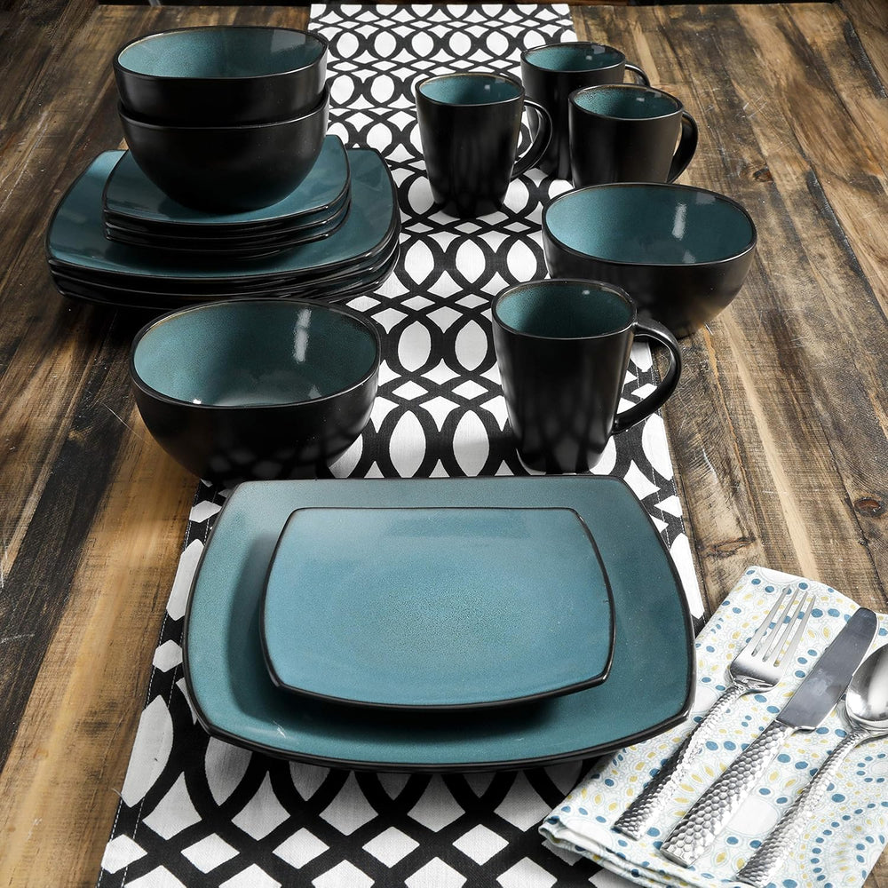 Set de veselă Gibson 99813.16R Elite Soho Lounge cu glazură reactivă pentru 4 persoane, 16 piese, efect bicolor albastru-verde/negru