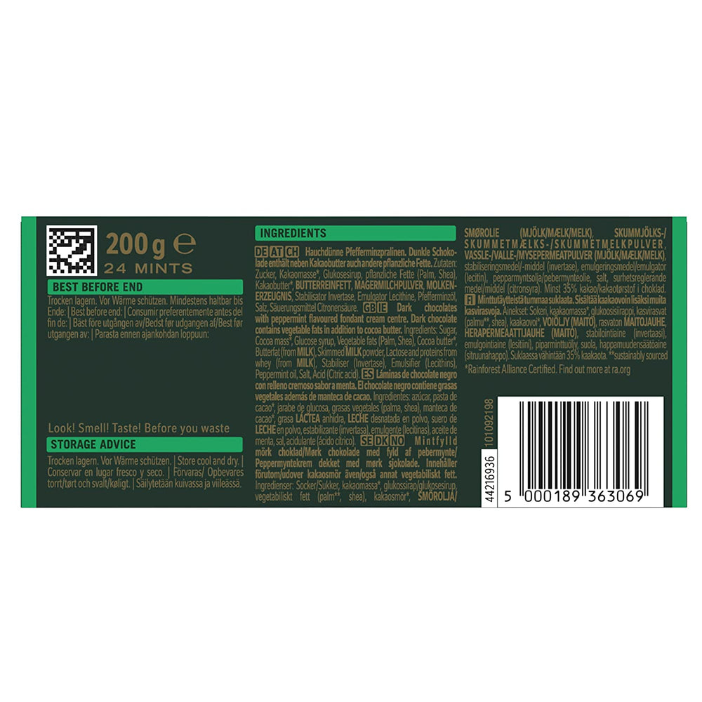 NESTLÉ AFTER EIGHT Cuadritos finos de chocolate amargo con relleno de crema de menta para conocedores Paquete de 5 (1 x 200 g)