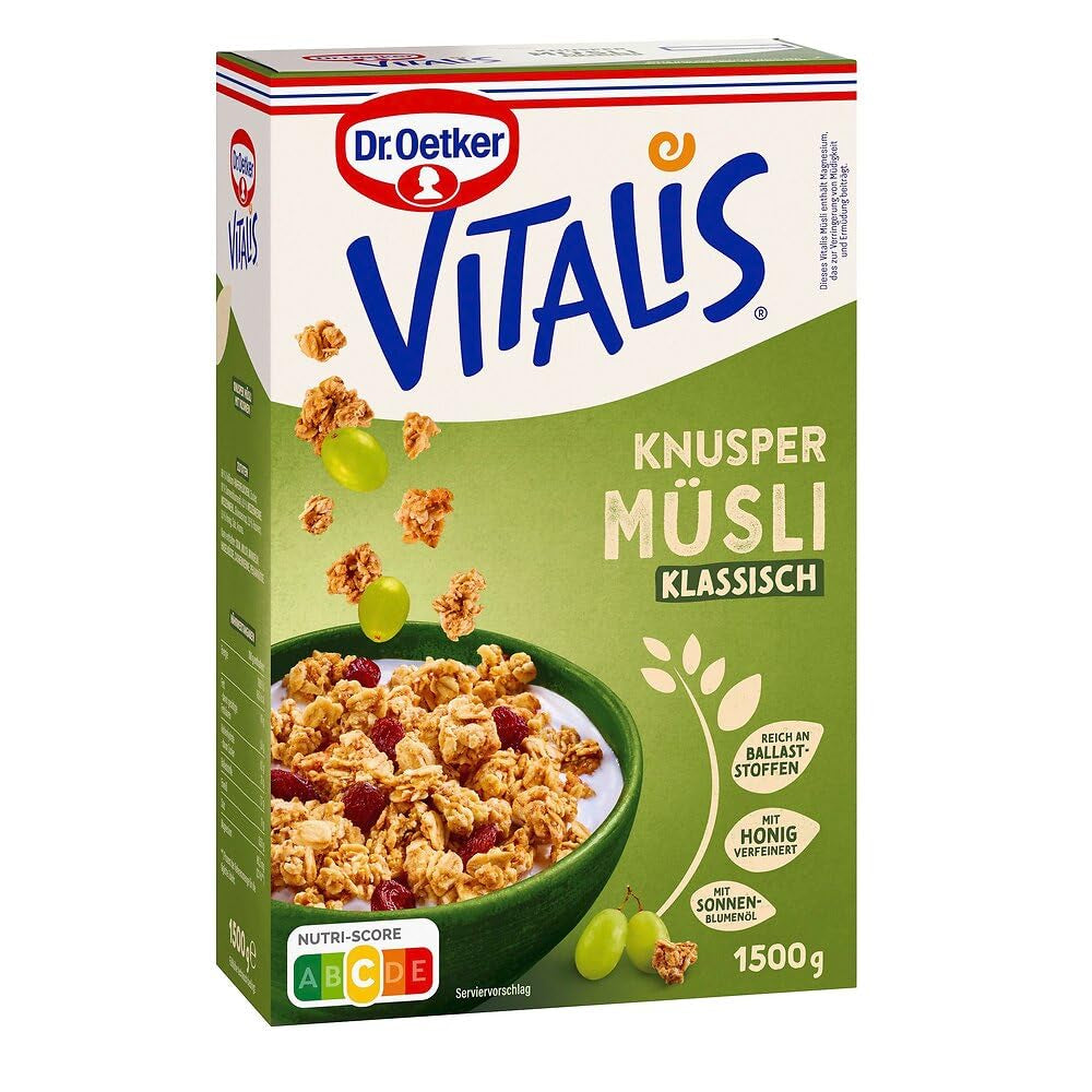 Dr. Oetker Vitalis Classic Crispy Muesli: paquete grande de muesli crujiente para el desayuno con pasas, 1 paquete, 1,5 kg