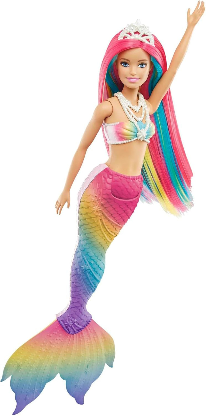 Barbie Dreamtopia Rainbow Magic Mermaid, Barbie Mermaid cu păr curcubeu, păpușă care își schimbă culoarea activată de apă, jucărie de la 3 ani, cadou pentru fete, GTF89 Papusi Naty Shop