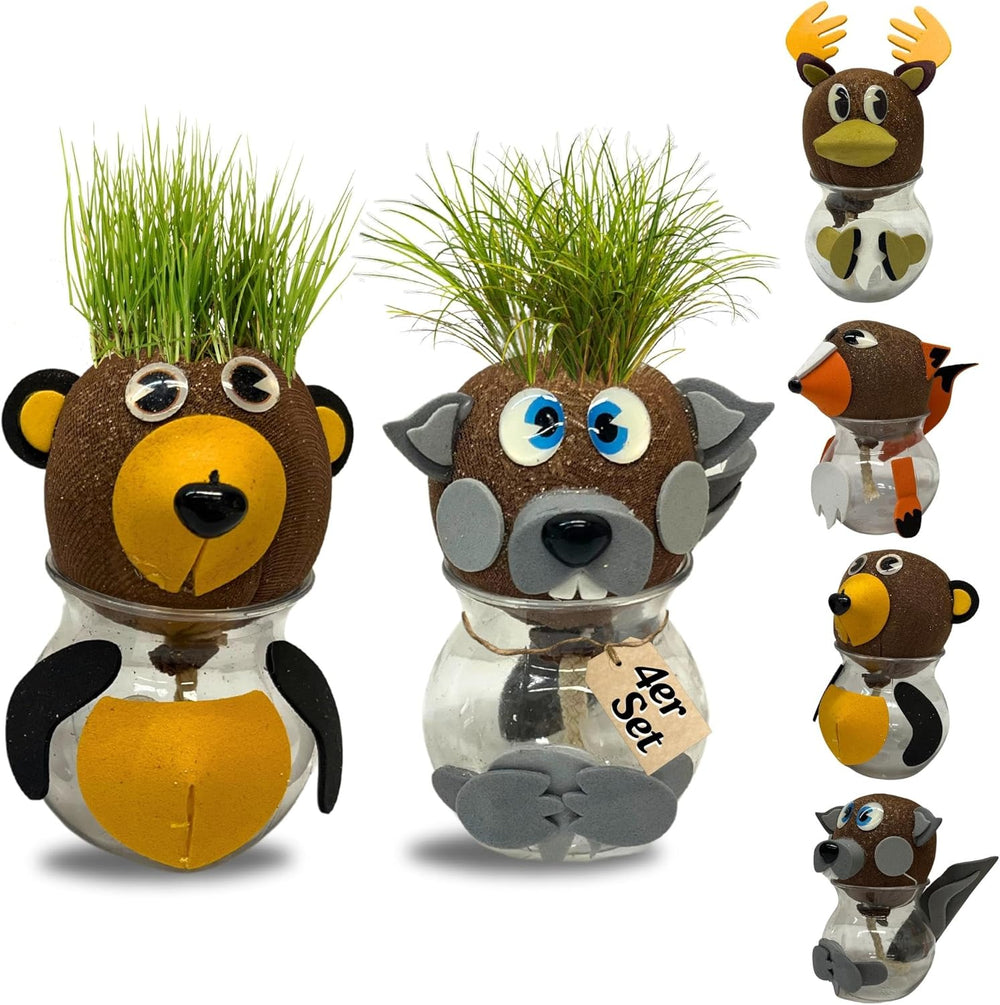 Bada Bing Graskopf Juego de 4 piezas incl. Wasserbehälter Waldtiere DIY Tiere – Rasenkopf Tierkopf mit Rasensamen – Experiment für Kinder – Spaß mit Lerneffekt – Geschenk Mitbringsel Kindergeburtstag Mitgebsel