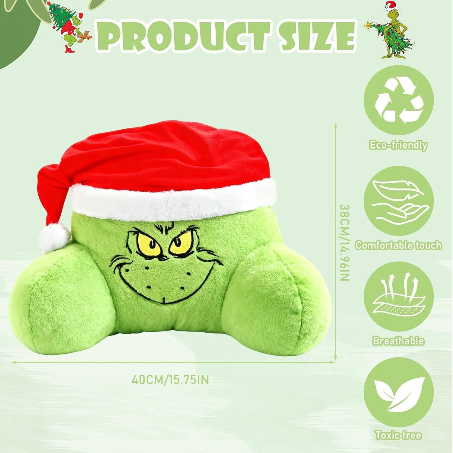 Pernă de citit yumcute Grin-ch 40 cm, pernă decorativă și pufoasă de Crăciun pentru pat și canapea, pernă ortopedică pentru spate cu brațe, cadou pentru adulți și copii, decorațiune de Crăciun