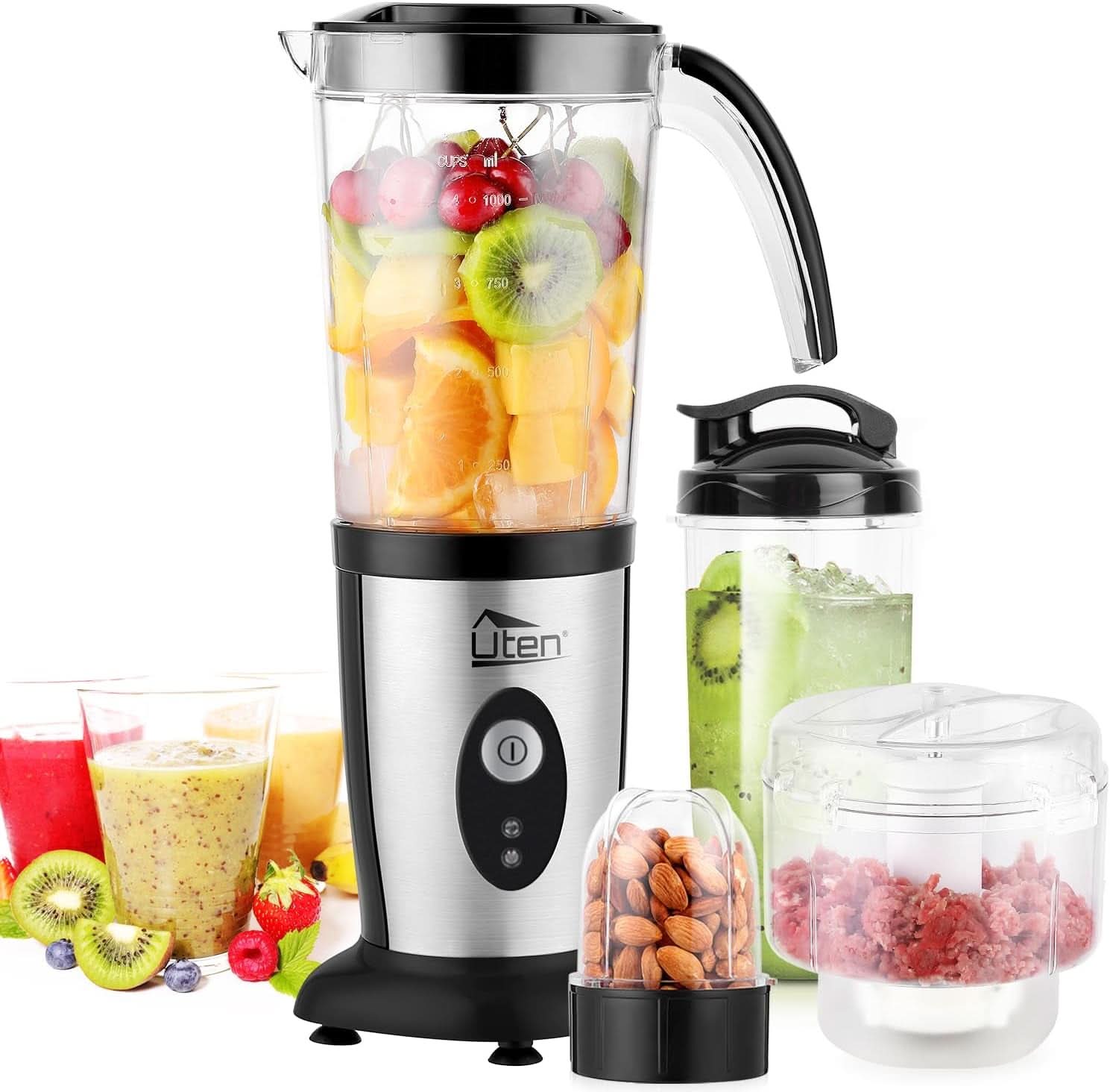 Uten Batidora con base 2L, 1800 W Batidora Hochleistungsmixer, Pulse Und 5 Geschwindigkeiten, Edelstahlgehäuse, 6 Klingen, Macht Milchshake-Smoothies, Mahlbare Kaffeebohnen Mother and Child Naty Shop 1,25L (5 en 1)+220W+1 Gang