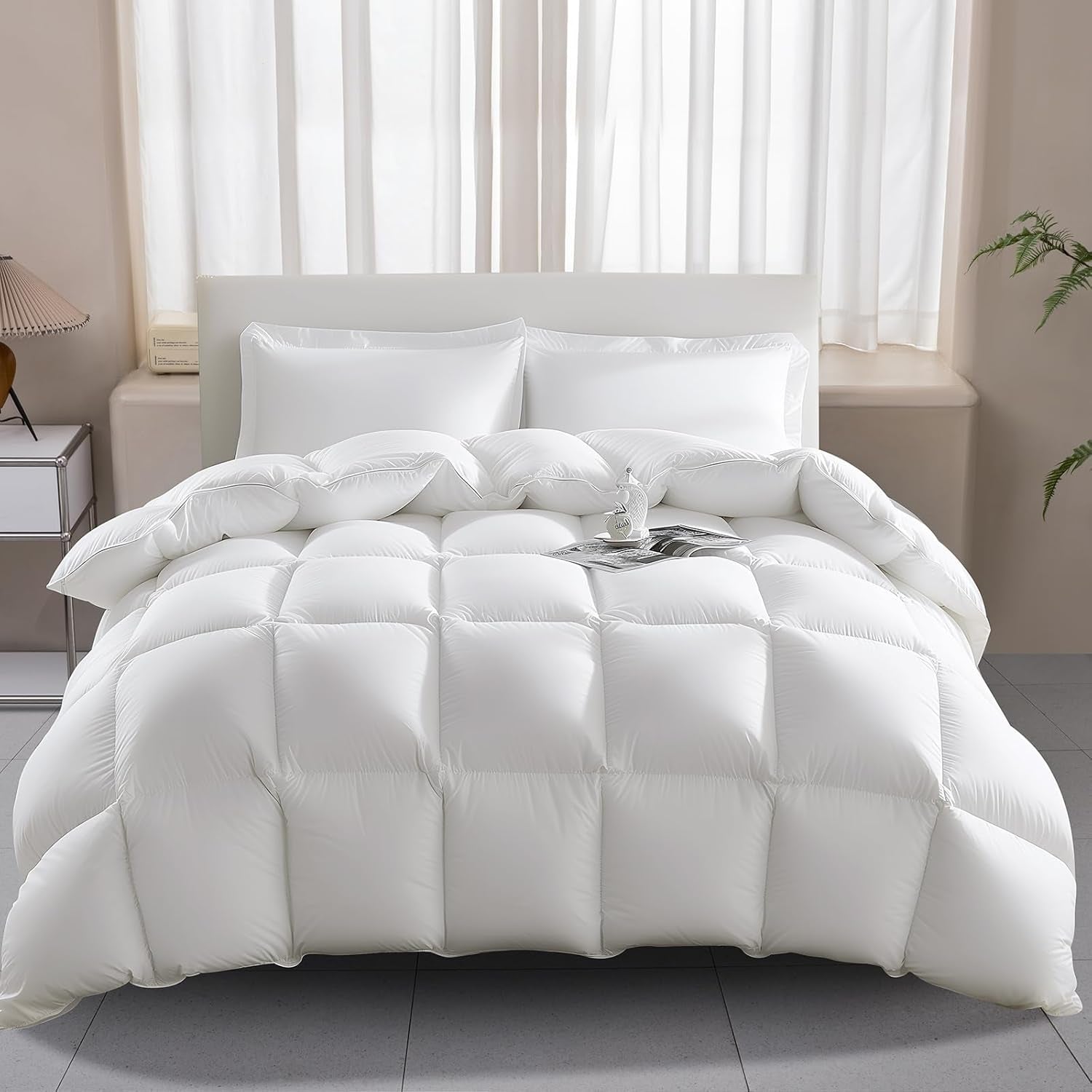 135X200 Plapumă pentru toate anotimpurile 100% plapumă de bumbac cu puf de gâscă și pene, plapumă de pene cu umplutură groasă fără pluș viu, plapumă de tranziție extra pufoasă 3D Baffle Box pentru pat unic, alb Plapumi si pilote Naty Shop Single 135 X 200 Cm