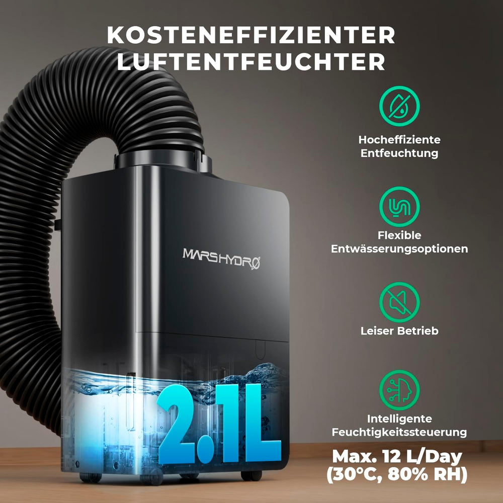 MARS HYDRO Deshumidificador, 12L/día, Descongelación Automática, Función Temporizador, Deshumidificador de Ambiente para Armarios de Cultivo, Sótanos y Plantas, Tanque de Agua de 1,2L