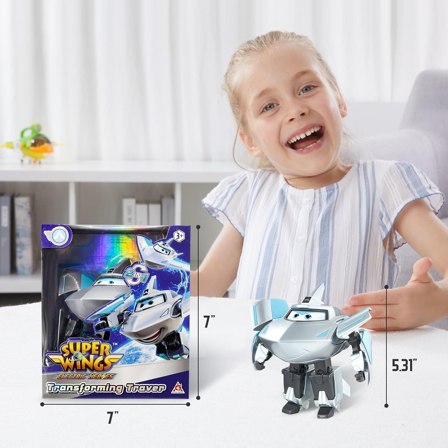 Avión de transformación Super Wings Traver sobrealimentado, aprox. Figura de juego grande para niños de 12,7 cm Figura de avión y robot de juguete para niños y niñas mayores de 3 años Figuras de acción plateadas Naty Shop
