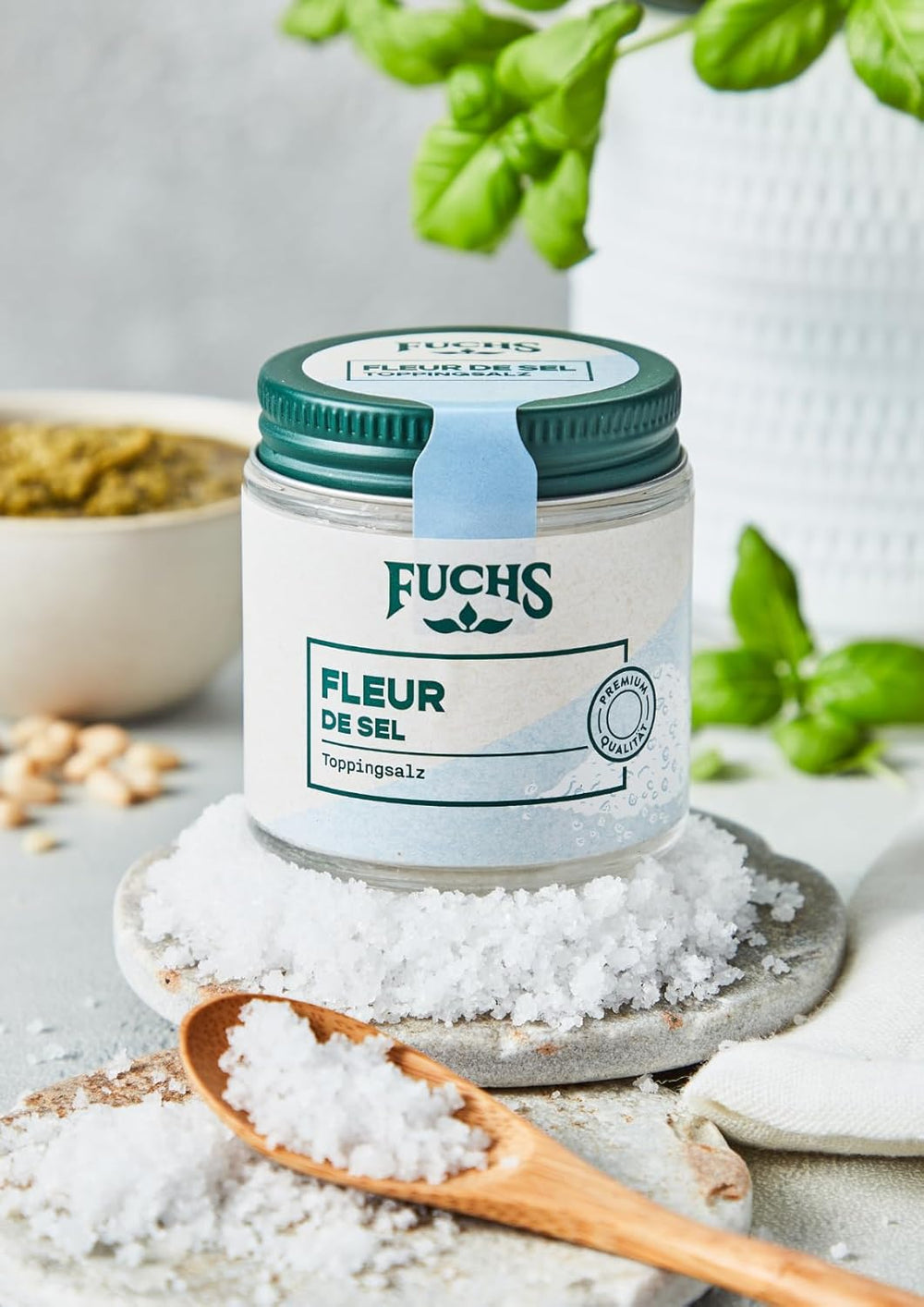 Fuchs Gewürze - Flor de sal | Sal Noble Topping para Espárragos, Mariscos y Pescados | Salsa de mar en calidad premium 100 g im wiederverschließbaren Gewürzglas