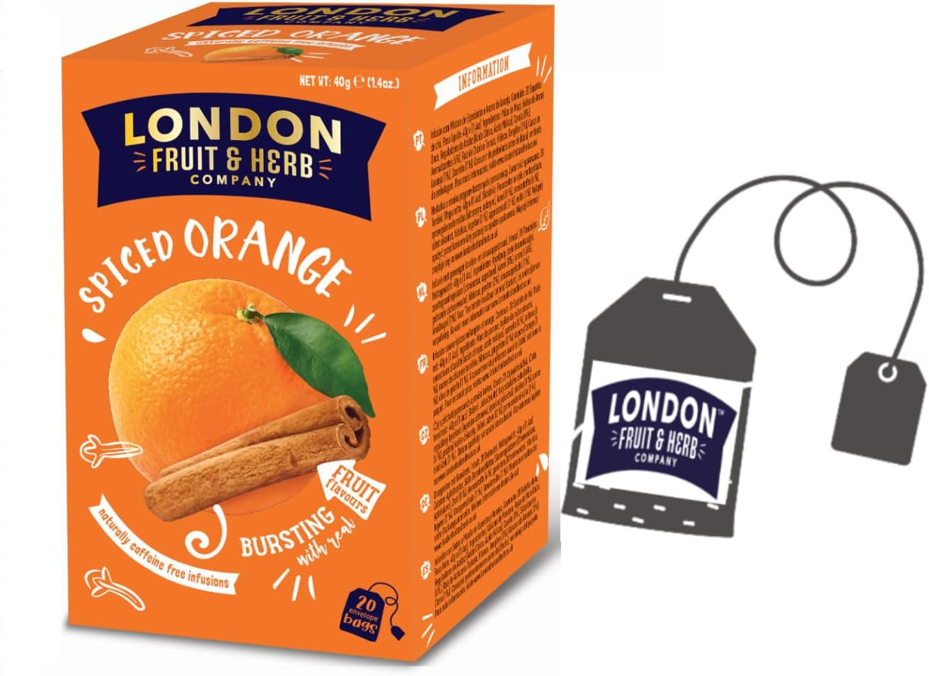 London Fruit® | Infuzie de condimente și portocale | Infuzie de scorțișoară, portocale și ghimbir, pliculețe individuale – 20 filtre (40 g) | Ceai din plante fără cofeină