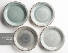 MÄSER 931875 Bel Tempo II, Set de veselă pentru 6 persoane cu aspect vintage modern, Serviciu de masă cu 18 piese, Veselă ceramică pictată manual, Gresie, Albastru fumuriu