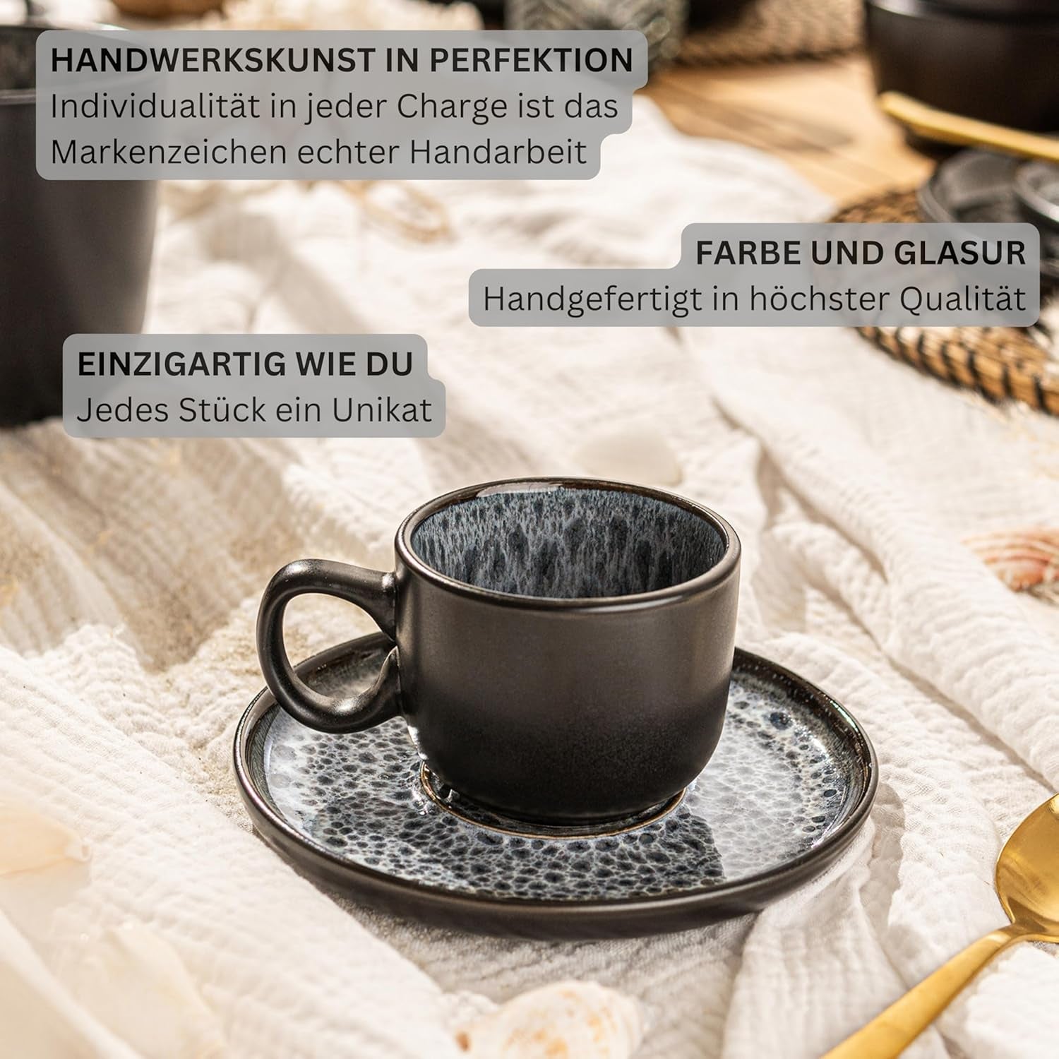 SÄNGER Sydney | Set de 12 căni de espresso din gresie, set de căni Mocha pentru 6 persoane, căni și farfurioare, potrivit pentru mașina de spălat vase și cuptorul cu microunde, gri închis, 80 ml | COLECȚIA VALUE