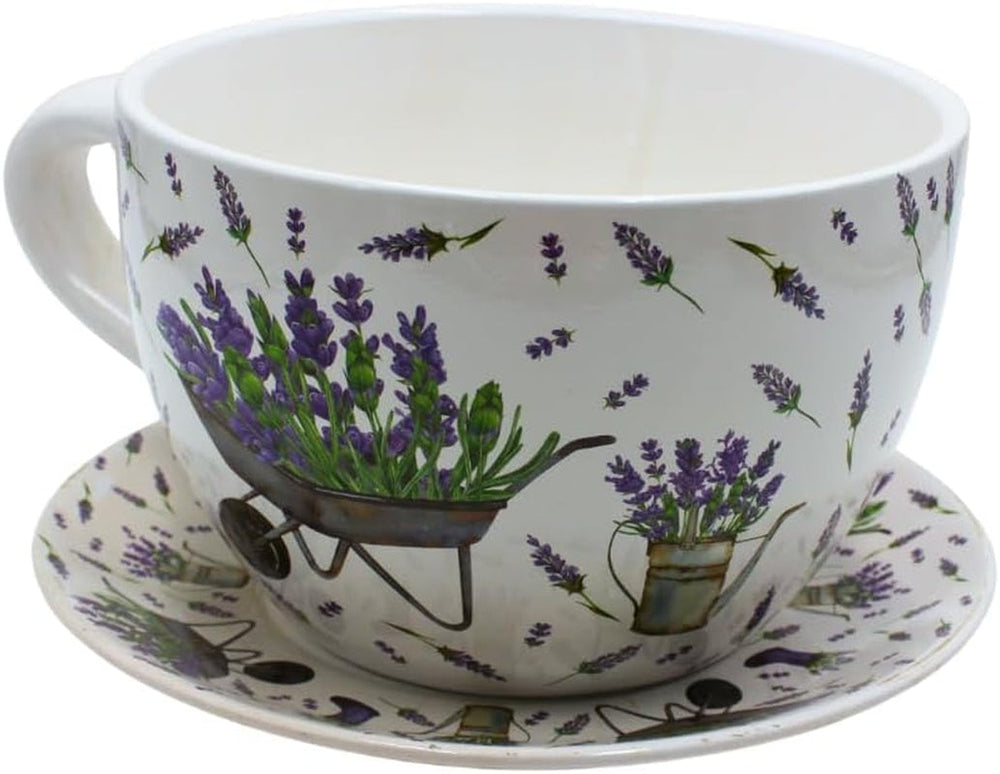 Ghiveci de flori Dekohelden24, jardinieră, ghiveci pentru plante, recipient pentru plante, ghiveci de flori. Ghiveci ceramic în formă de cupă cu mâner, design: lavandă, L/l/Î 25 x 23 x 14 cm.