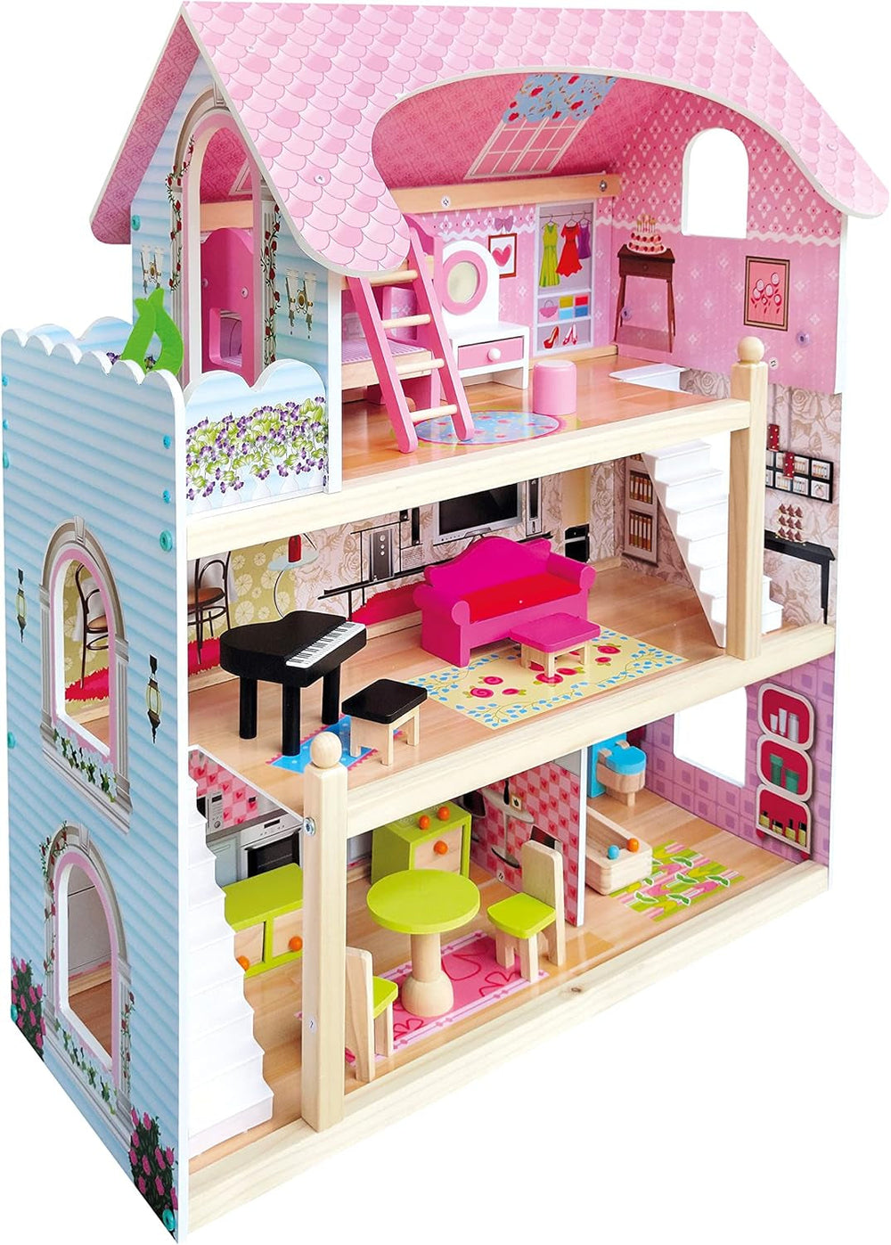 Bino World of Toys Casă de păpuși cu balcon, Jucărie pentru copii mici de la 3 ani, cu 3 etaje, scări, 4 camere și balcon incl. 15-TLG. Accesorii, Pentru a promova abilitățile copiilor, Design roz Casute de papusi Naty Shop