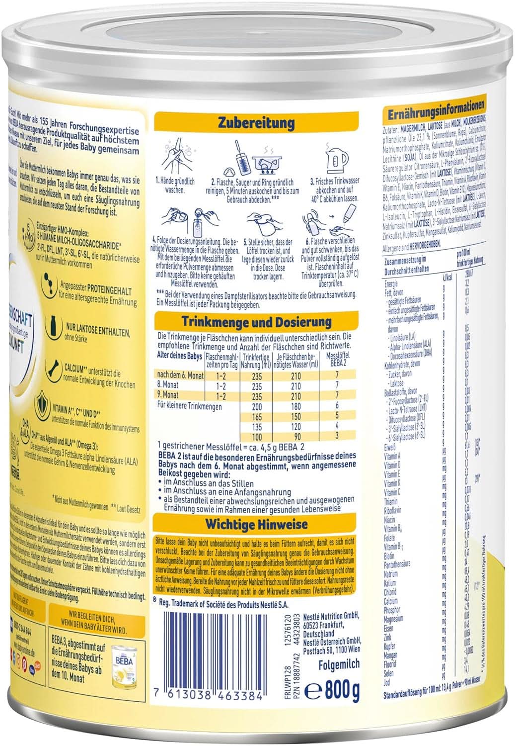 Nestlé BEBA 2 Leche de continuación en polvo a partir de los 6 meses, con complejo 5 HMO, solo lactosa, sin aceite de palma, paquete de 3 (3 X 800G) Mother and Child Naty Shop