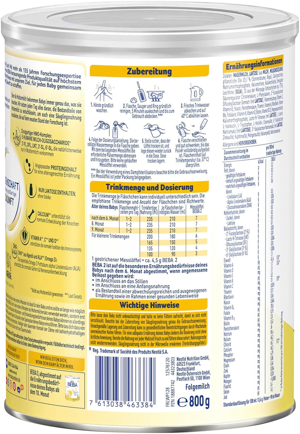BEBA 2 - Leche de continuación a partir de los 6 meses, con complejo 5 HMO, contenido proteico adecuado a la edad, sin lactosa, sin aceite de palma, sin aceite de pescado, papilla, leche en polvo para bebés, paquete de 3 (3 x 800 g)