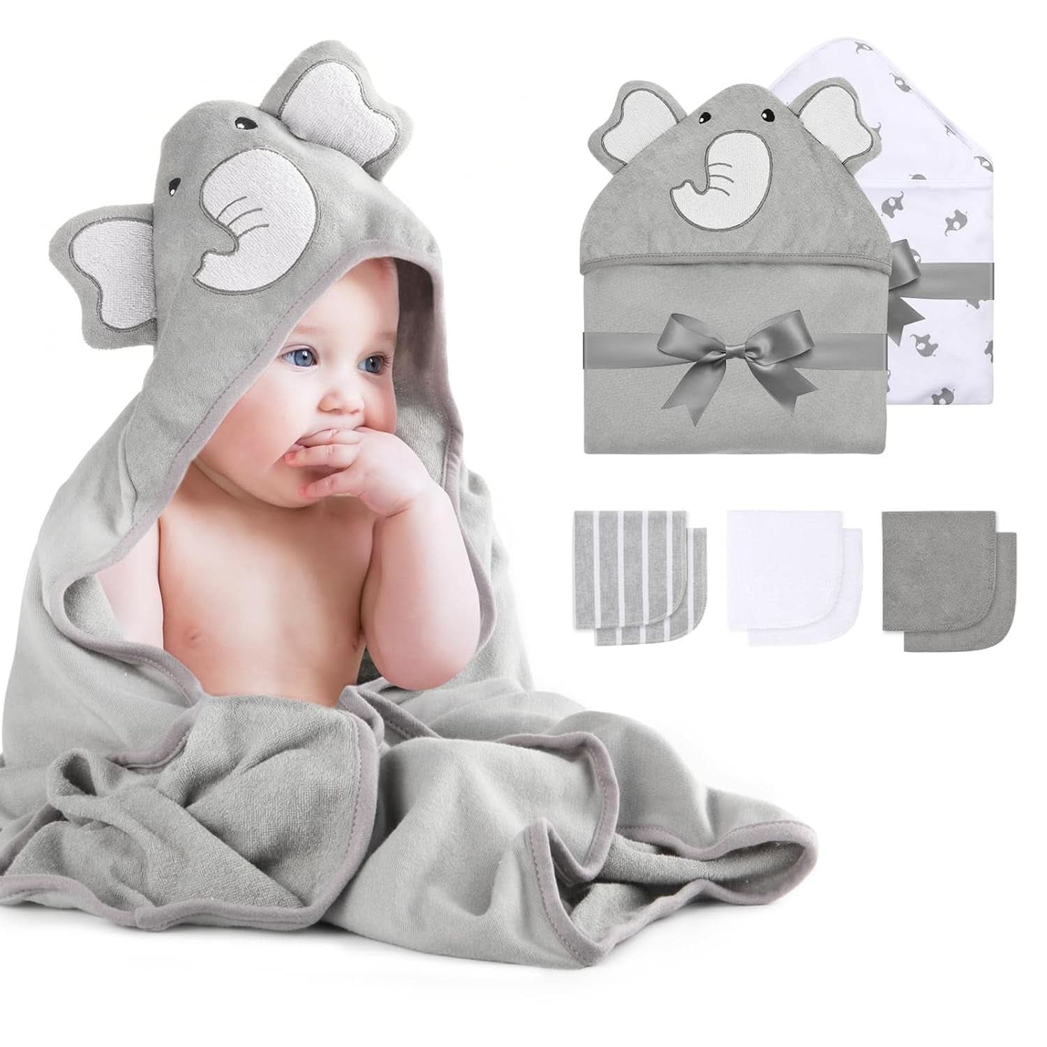 Set prosoape de baie Momcozy, 8 piese pentru bebelusi, 2 x prosoape cu gluga, 76 x 76 cm si 6 x prosoape pentru bebelusi 24 x 24 cm Mama si Copilul Naty Shop