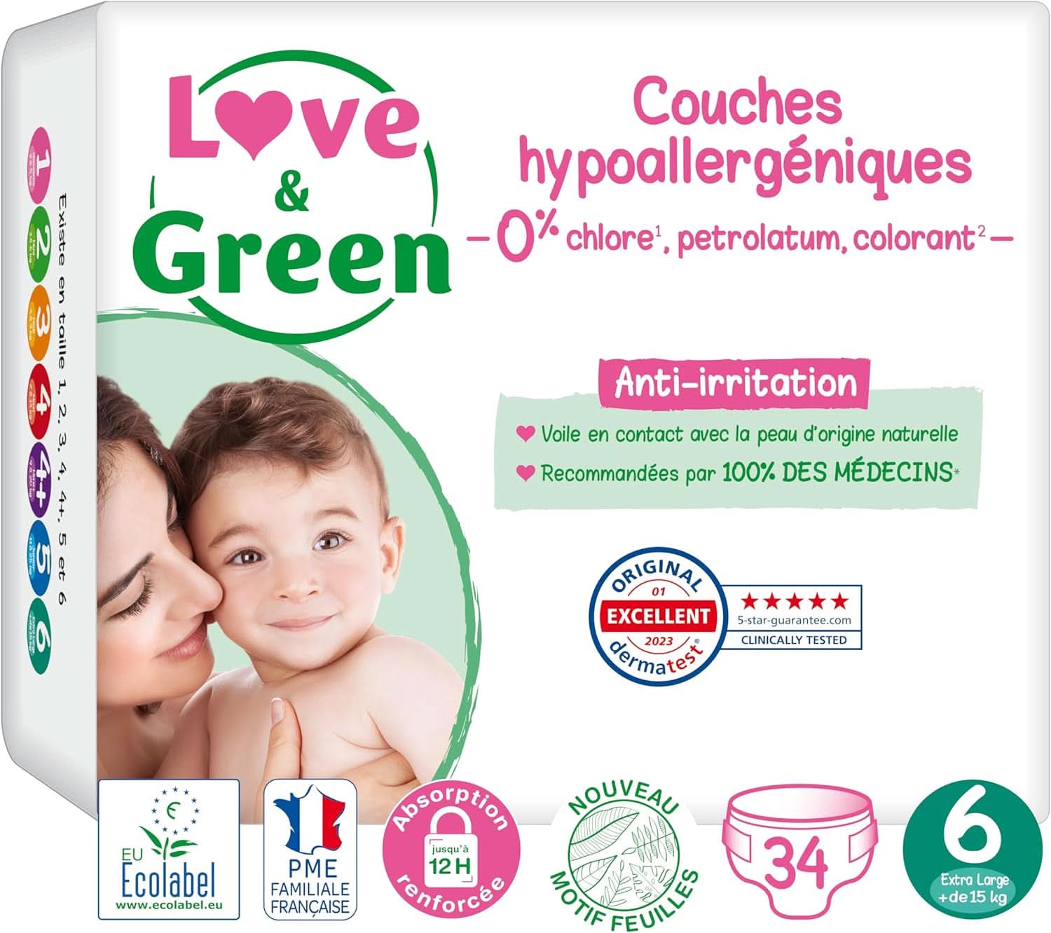 Love & Green, Pañales para bebés, hipoalergénicos, talla 6 (34 unidades) Madre e Hijo Naty Shop