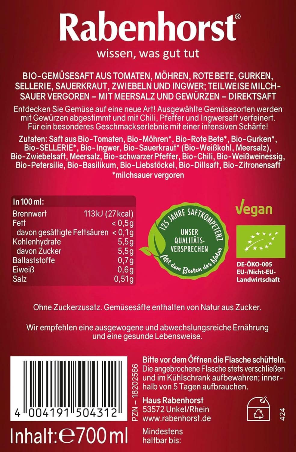 RABENHORST (6 x 700 ml) - Zumo de verduras de alta calidad procedente de diversas verduras con un intenso sabor picante Bebidas sin alcohol Naty Shop