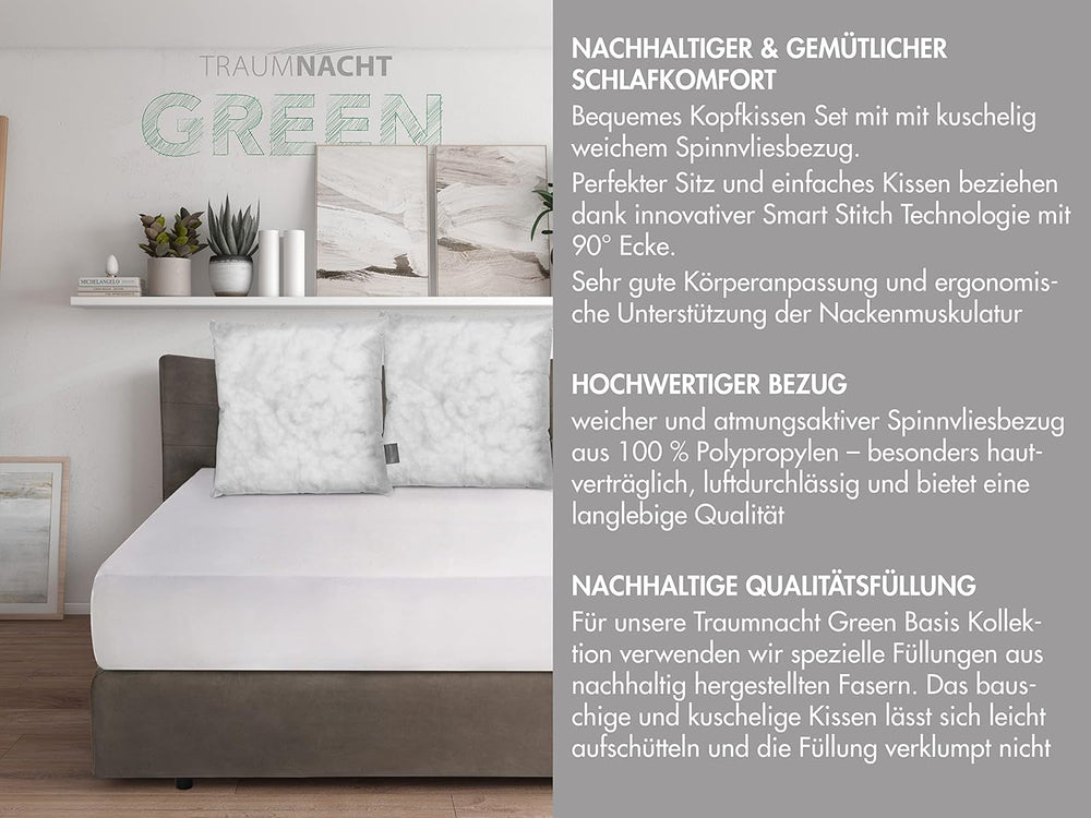 Traumnacht Green Basic Pillow Set format din două perne 80 X 80 Cm, certificat Oeko-Tex, produs în conformitate cu standardul de calitate german Perne standard Naty Shop