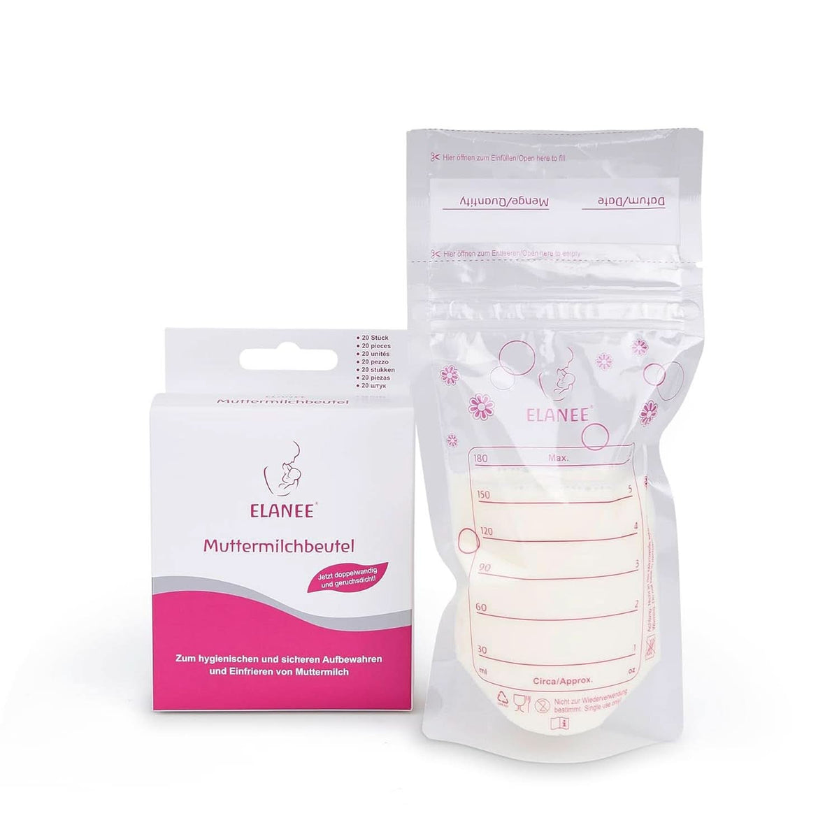 ELANEE Muttermilchbeutel, Aufbewahren & Einfrieren Von Muttermilch, Geschmackneutral Und Vorsterilisiert, Doppelter Sicherheitsverschluss, 20 Stück, Mit Standfuß (711-00) Alimentación infantil y accesorios de lactancia Naty Shop