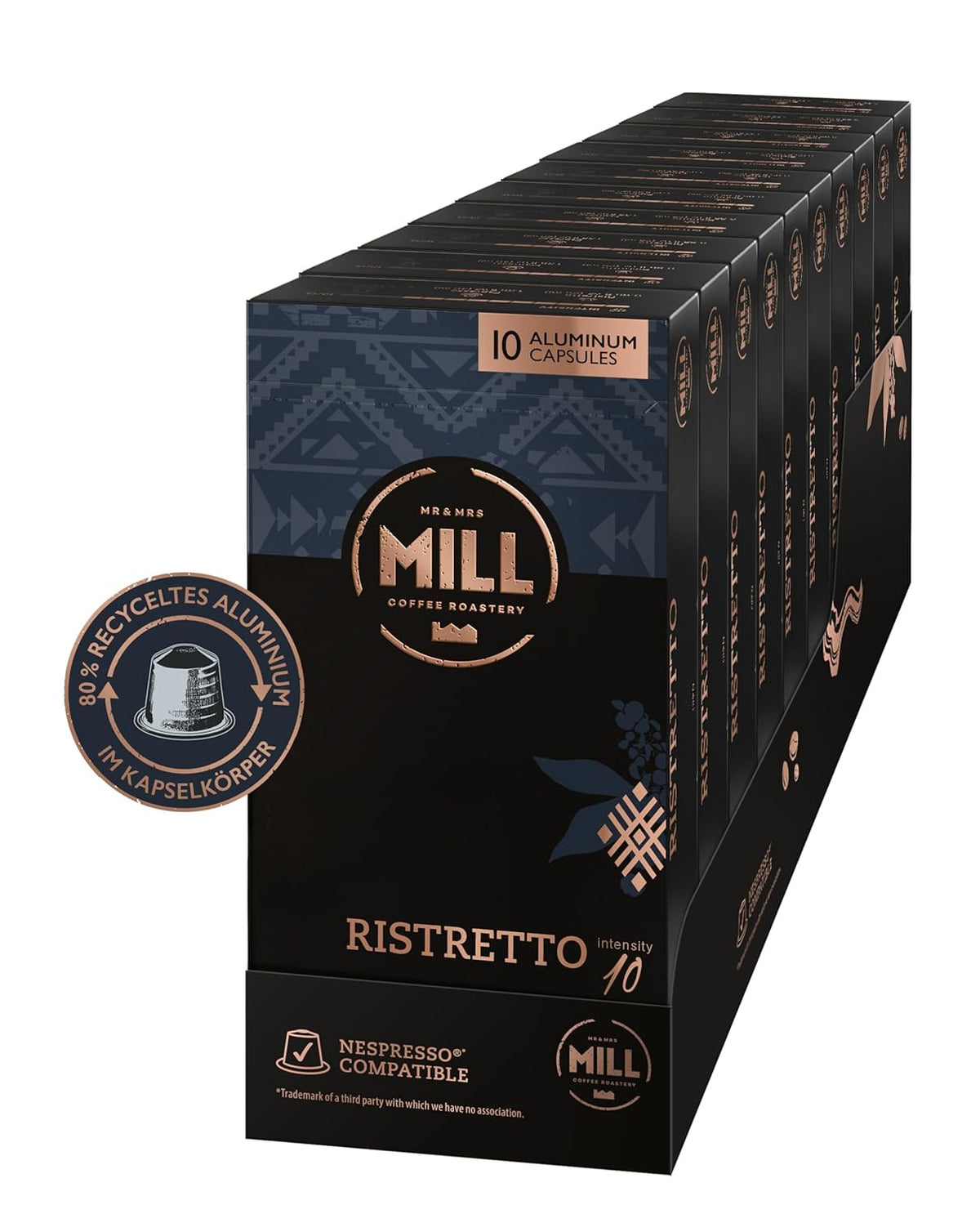 Kaffeekapseln Ristretto, 100 Kapseln für Kapselmaschinen (10x10), 80% recyceltes Aluminium im Kapselkörper