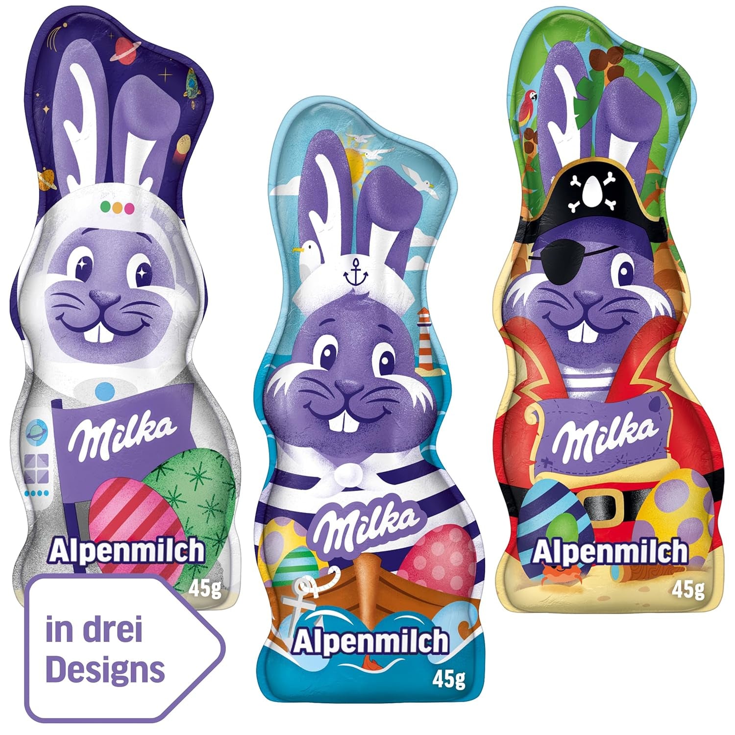 Milka Smiling Bunny Alpine Milk Design Edition - Chocolate de Pascua con 3 diseños diferentes - 24 x 45 g