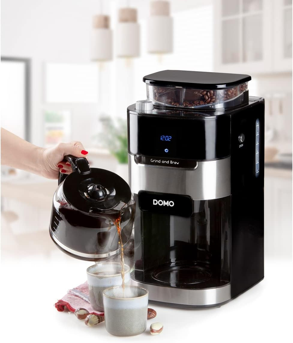 Espressor DOMO DO721K „Grind and Brew” - Funcție Boab-to-Cup - Afișaj LCD - Pentru cafea măcinată sau boabe întregi - 1,5 L