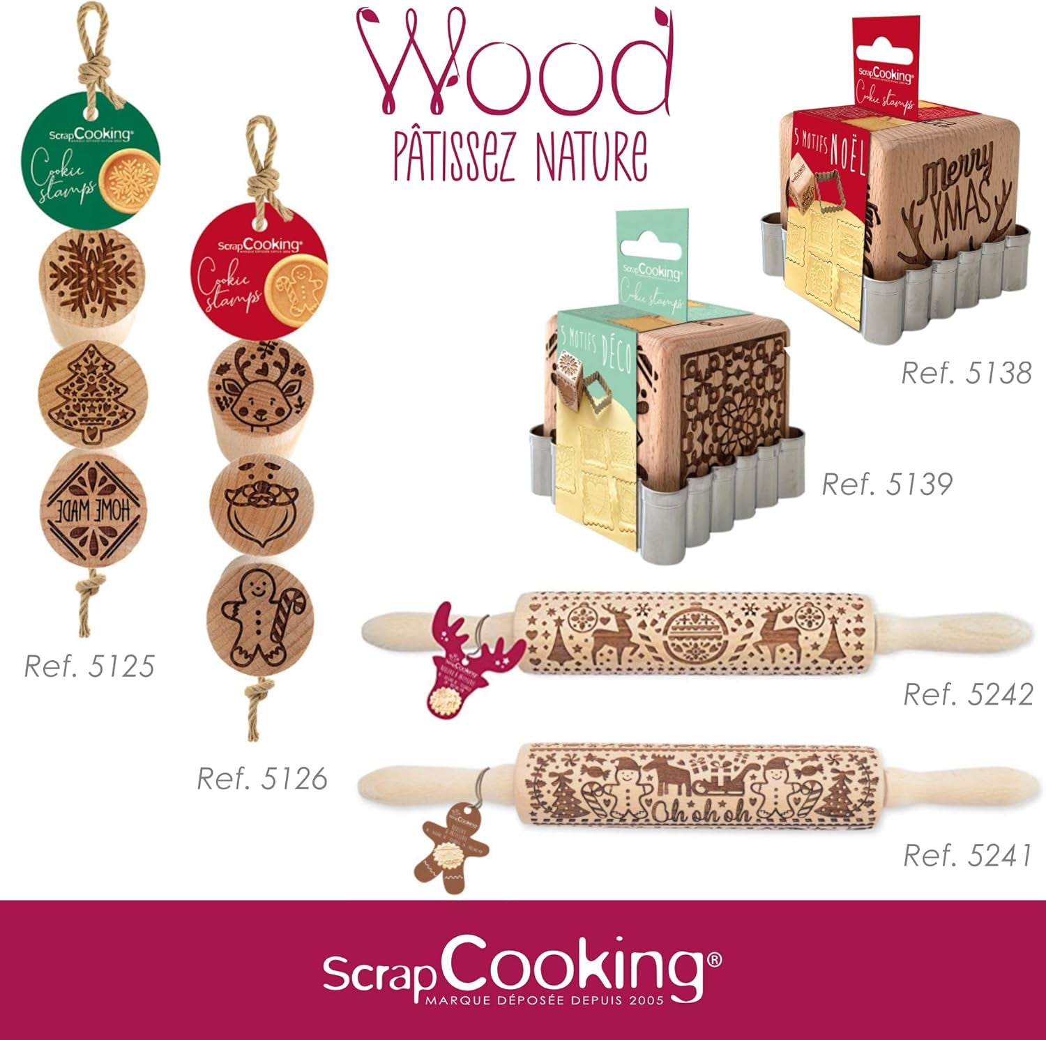 Scrap Cooking Teigrolle aus Holz "Xmas" mit weihnachtlichen Motiven – Prägerolle mit gepfragten Verzierungen für Kekse – Zubehör decorativo – 5242