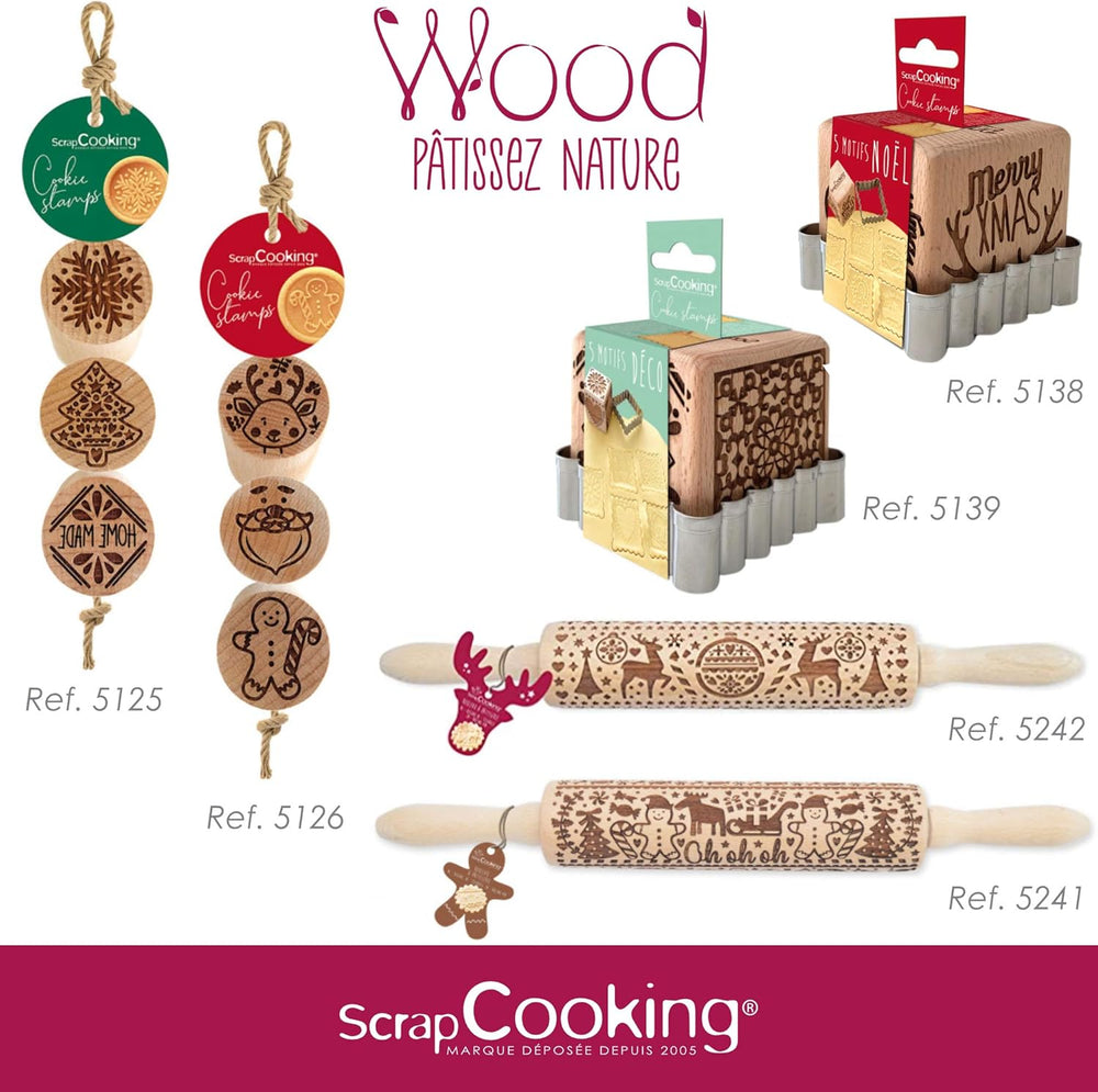 Scrap Cooking Teigrolle aus Holz "Xmas" mit weihnachtlichen Motiven – Prägerolle mit gepfragten Verzierungen für Kekse – Zubehör decorativo – 5242