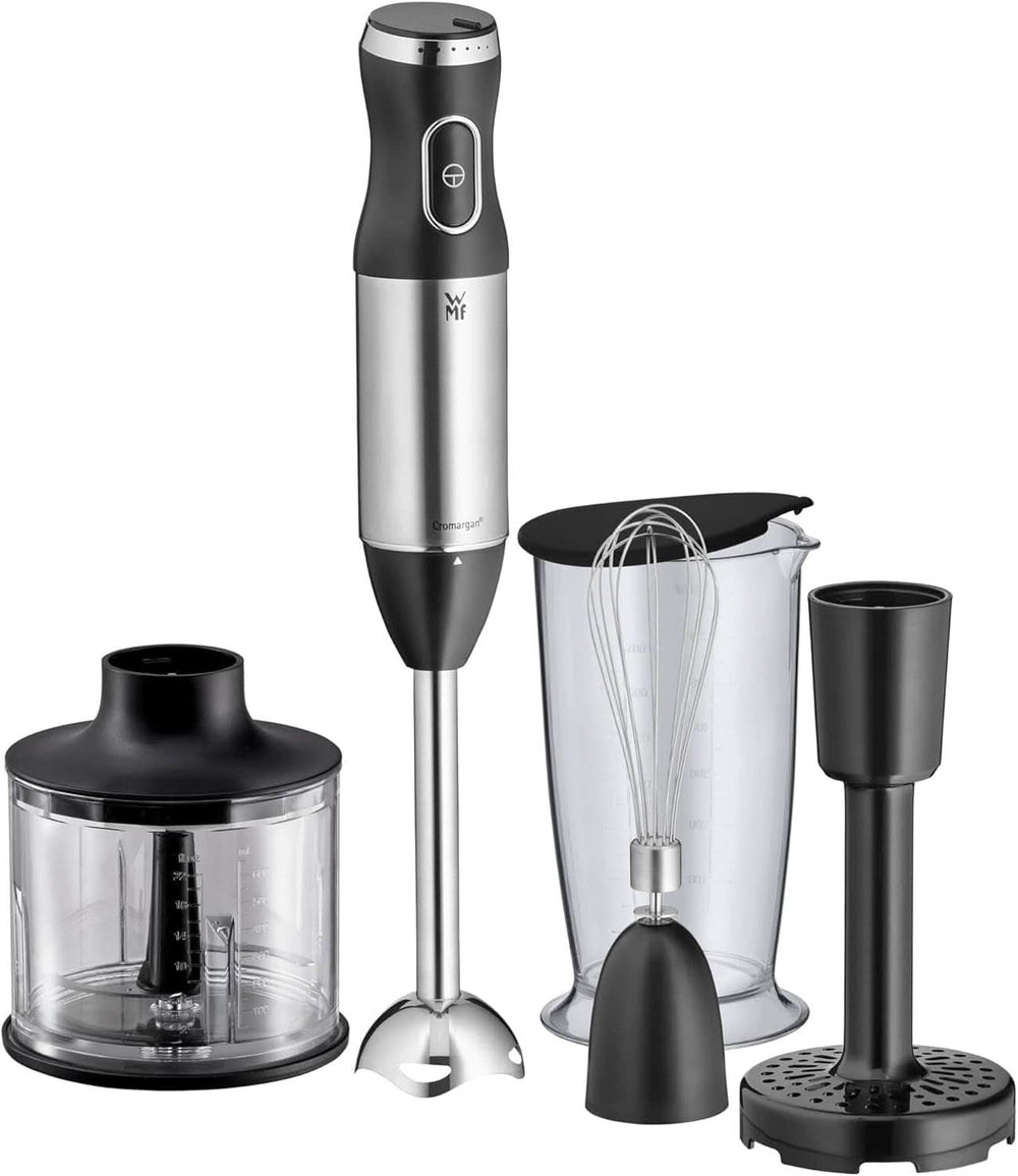 WMF Kult X Stabmixer Set 5-Teilig, Pürierstab, Schneebesen, Stampfer, Zerkleinerer, 600 Watt, Zauberstab Inkl. 700Ml Mixbehälter, Edelstahl Matt Madre e Hijo Naty Shop