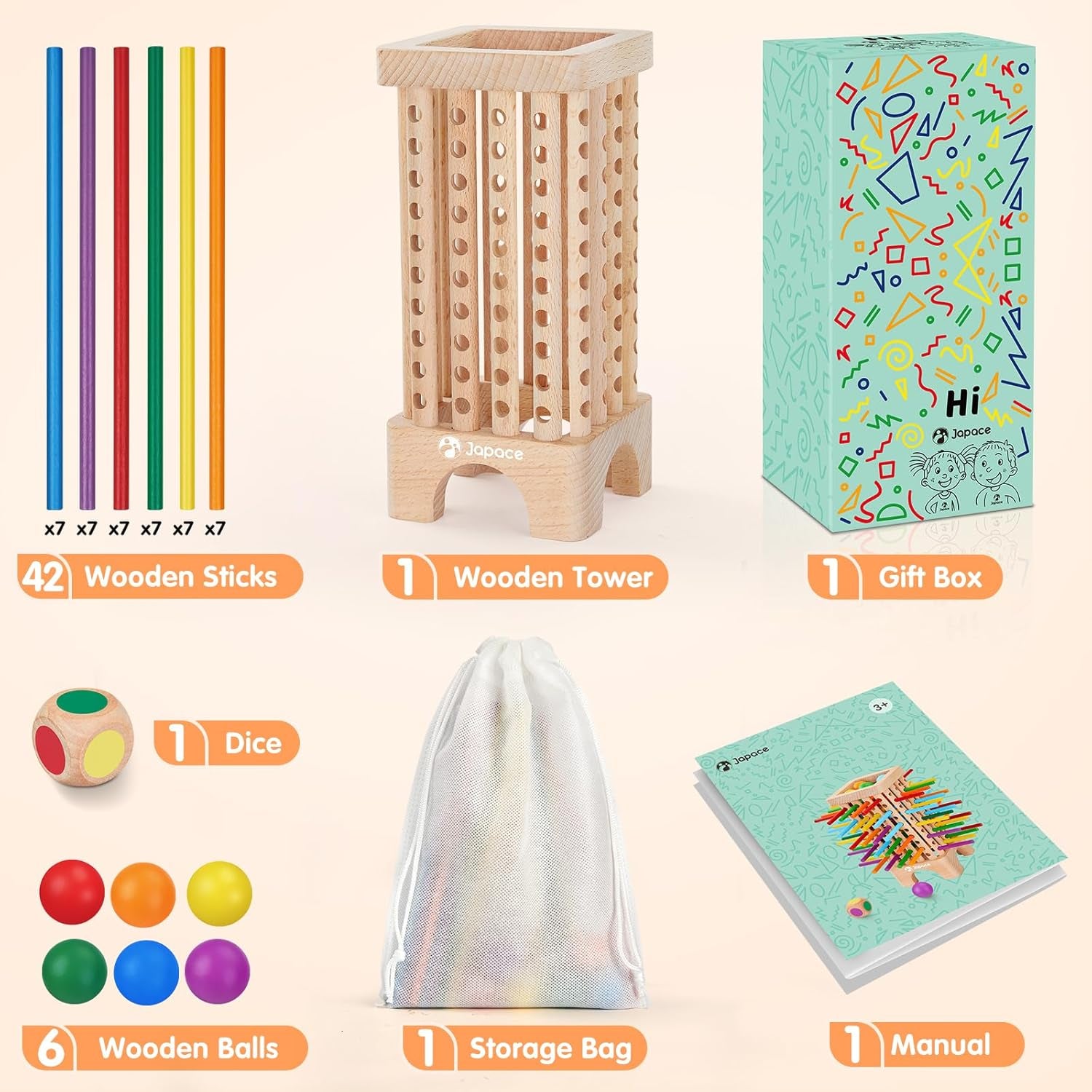 Joc de societate Montessori din lemn Japace, 42 de bețe de lemn colorate, joc de zaruri, jucărie de învățare a matematicii pentru vârste de 3, 4, 5, 6 ani, jucărie de motricitate fină și numărare, joc de familie, joc de călătorie pentru copii