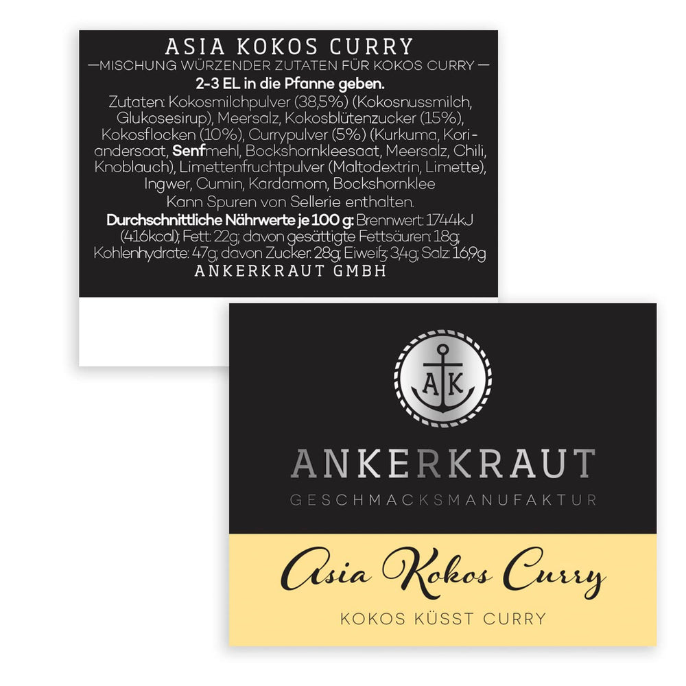 Ankerkraut Asia Kokos Curry, 85 g en vaso de corcho, Gewürz für Kokos-Milch Gemüse Fleisch, Einfach Lecker Zu Hause Kochen, Premium Qualität in der Panne