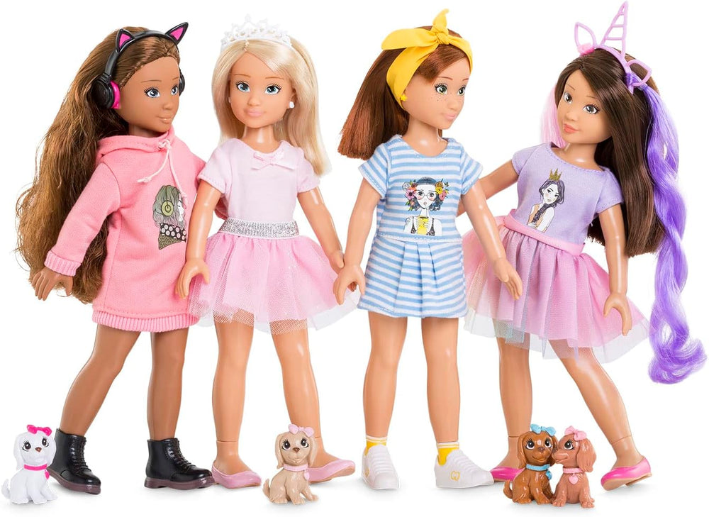 Corolle 9000600030 - Conjunto Luna Einhorn para niña, puppe de tobillo en traje de verano con perro, cinta para el pelo, anillos y gomas extra, puppe de 28 cm con Vanilleduft, de 4 años