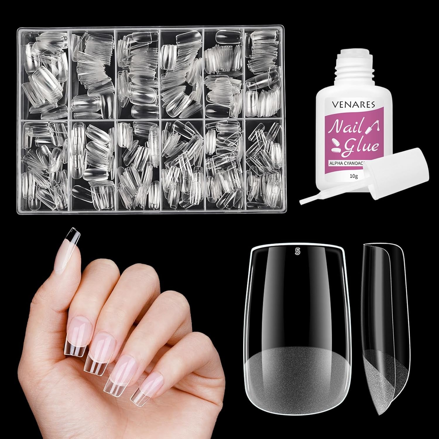 Unghii false scurte, model balerină, 500 bucăți, pentru lipire, 12 dimensiuni, unghii artificiale, scurte, cu gel moale, acoperire completă, vârfuri de unghii pentru unghii cu gel, scurte, S