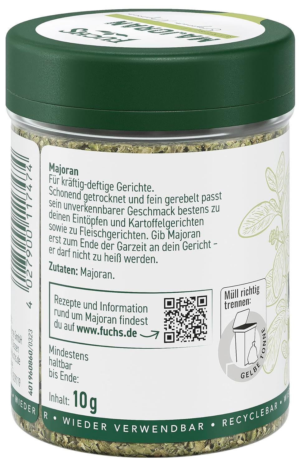 Fuchs Gewürze - Mejorana gerebelt - zum Würzen von Kartoffelgerichten, Fleischgerichten oder Eintöpfen - ingredientes naturales - 10 g en wiederverwendbarer, recyclebarer Dosis