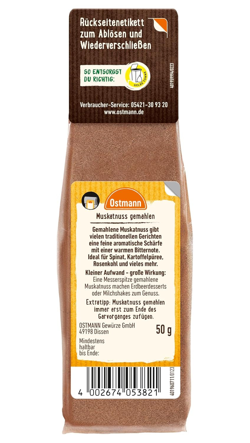 Ostmann Gewürze - Muskatnuss gemahlen | Ideal para añadir sabor a platos de patatas Zum Nachfüllen der Streudose | Bolsa resellable de 50 g