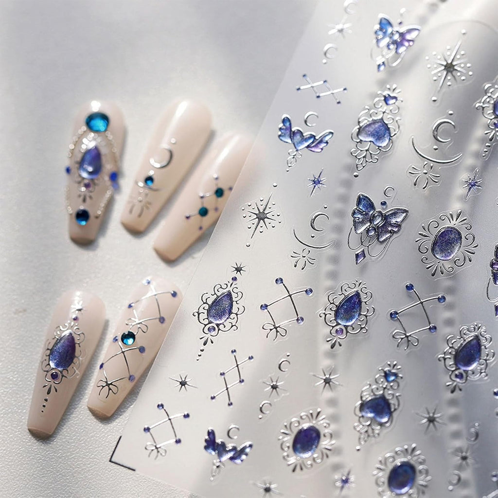 JMEOWIO 3D Nagelsticker Blauer Nail Art Sticker Selbstklebend Nagelaufkleber 5D Stereoskopisch Mondstern Dekoration Nageldesign Zubehör 1 Blatt
