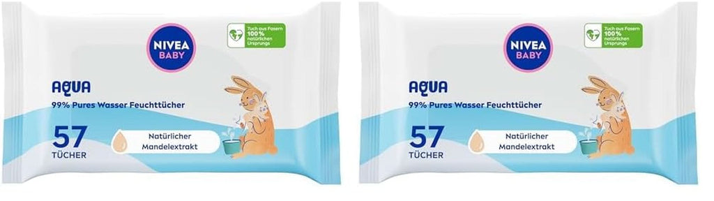 NIVEA Baby AQUA Feuchttücher, Baby Feuchttücher Zur Sanften Reinigung Empfindlicher Haut, Hypoallergene Und Parfümfreie Feuchttücher Für Babys Mit 99% Wasser (1 X 57 Stück) Servetele Umede Bebelusi Naty Shop 57 Stück (2Er Pack)