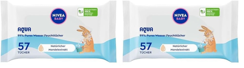 NIVEA Baby AQUA Feuchttücher, Baby Feuchttücher Zur Sanften Reinigung Empfindlicher Haut, Hypoallergene Und Parfümfreie Feuchttücher Für Babies Mit 99% Wasser (1 X 57 Stück) Toallitas húmedas para bebés Naty Shop 57 Stück (paquete de 2)