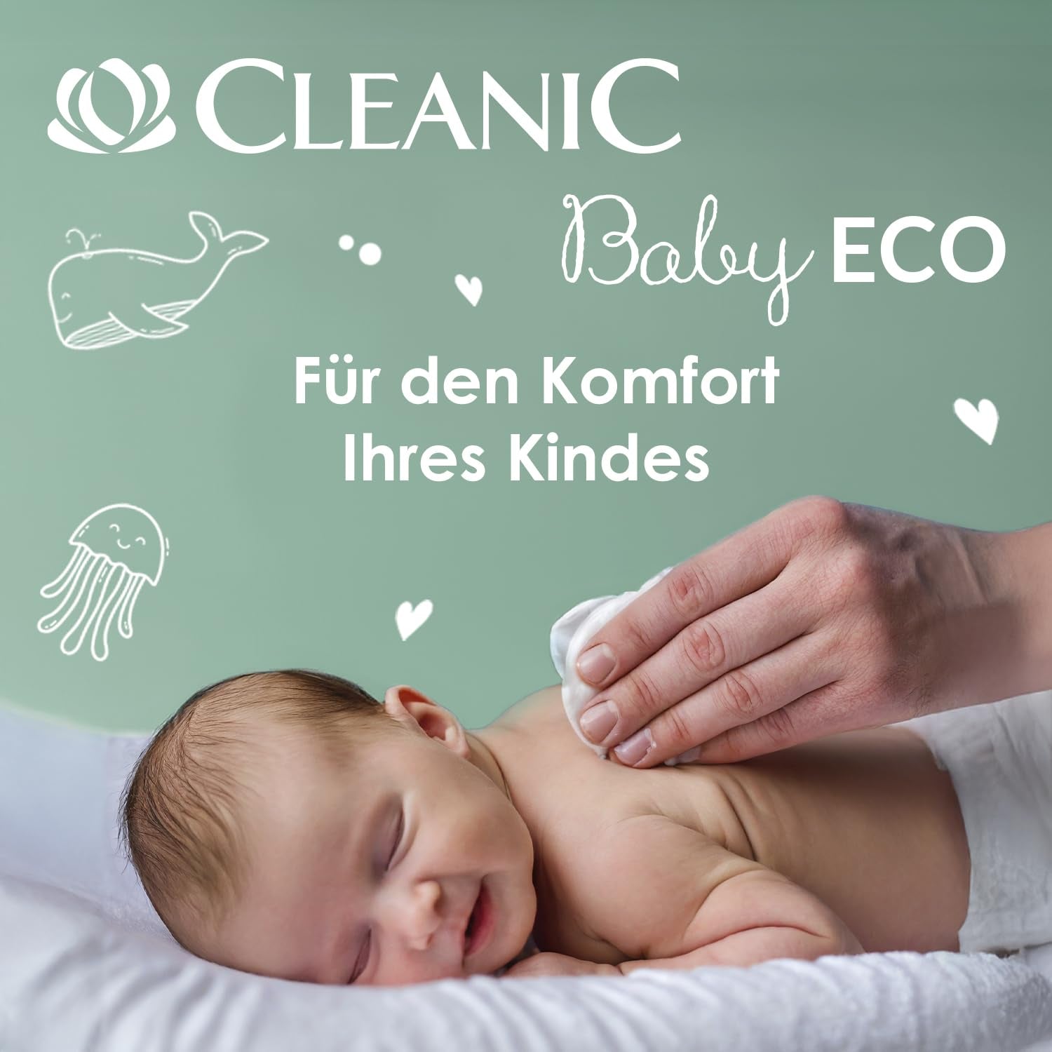 Toallitas húmedas Cleanic Baby Eco Pure Water - (1 x 50 uds.) Toallitas húmedas para niños y bebés - Piel sensible, sin fragancia, que se puede desechar - 50 uds.
