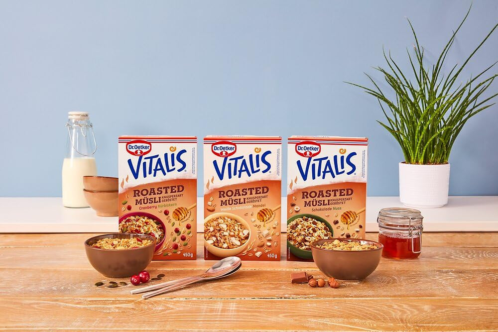 Dr. Oetker Vitalis Muesli tostado con arándanos y semillas de calabaza: Muesli tostado con arándanos secos, paquete de 8 (8 x 501 g)